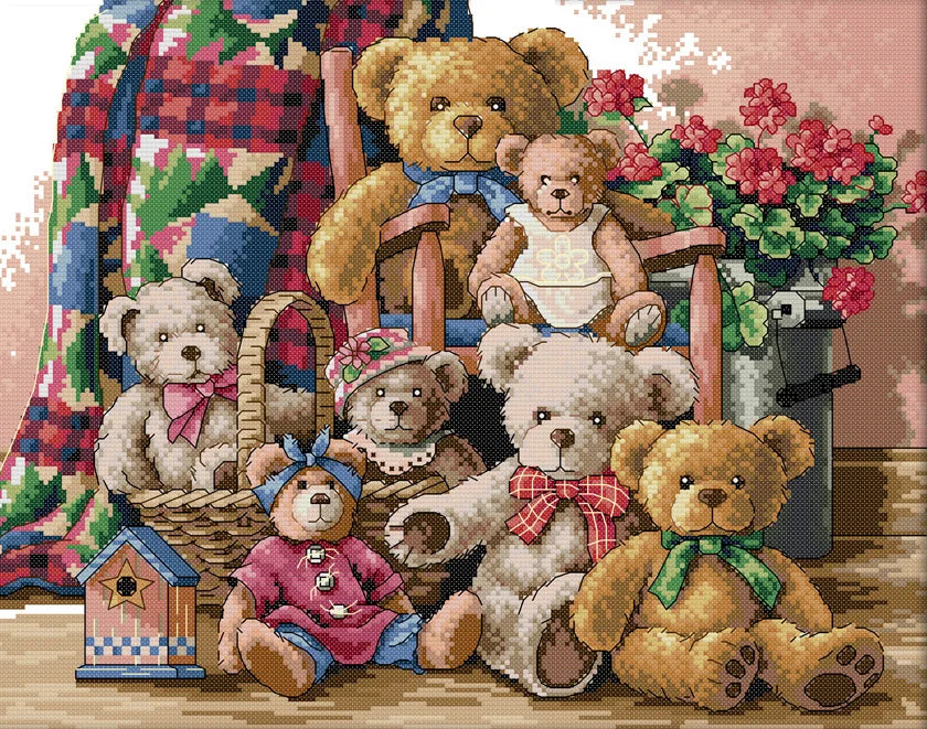 Bear Family Cartoon Cross Stitch DIY Embroidery Kit with Aida Fabric and Sewing Accessories