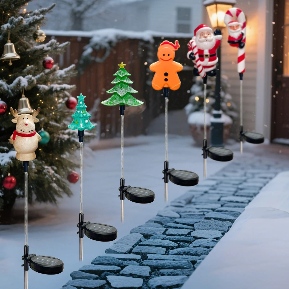 Solar Christmas Stake Lights | 8 Light Modes | Outdoor Santa, Reindeer and Tree