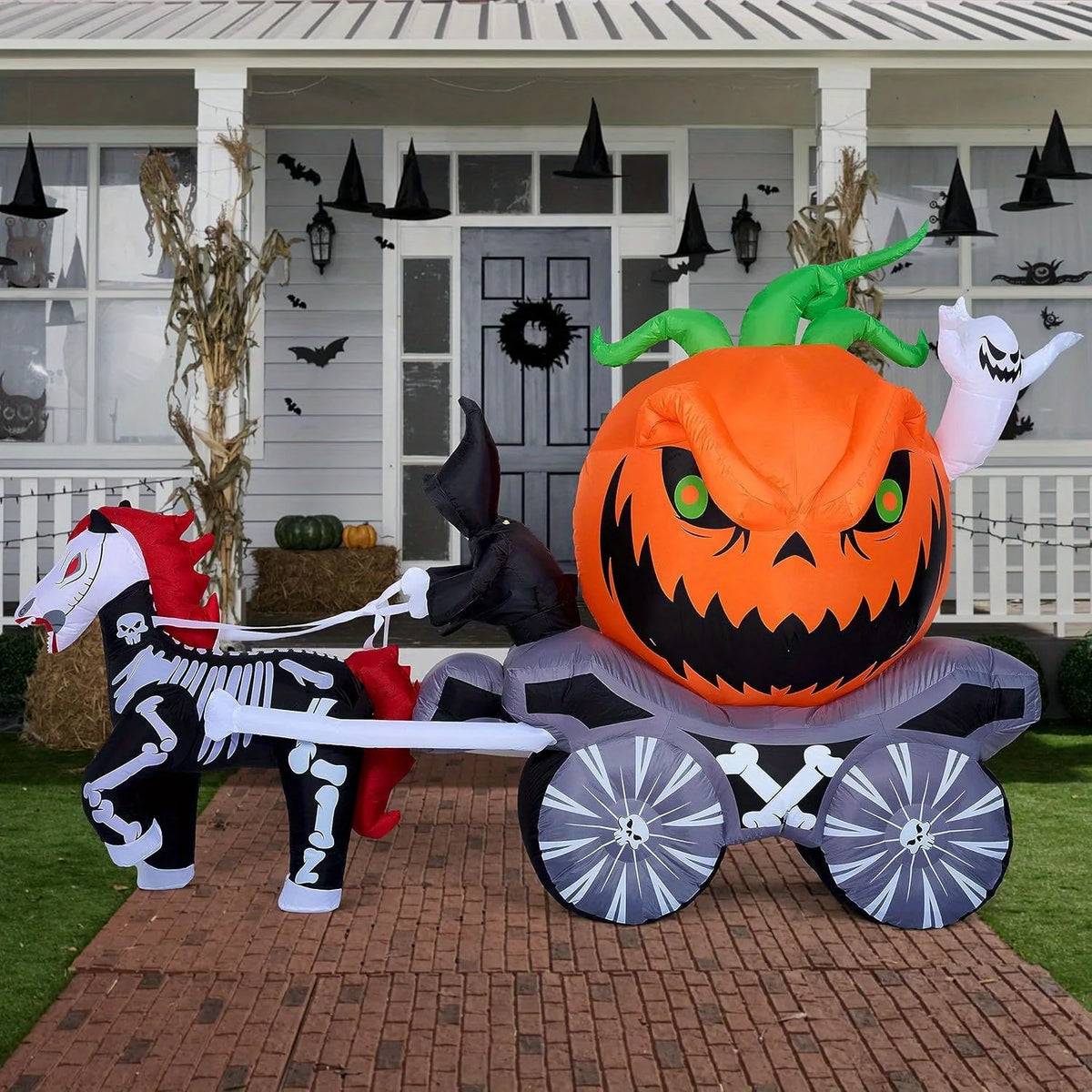Inflatable Pumpkin Carriage | 8 Feet | Built In LED Lights | Yard Decor