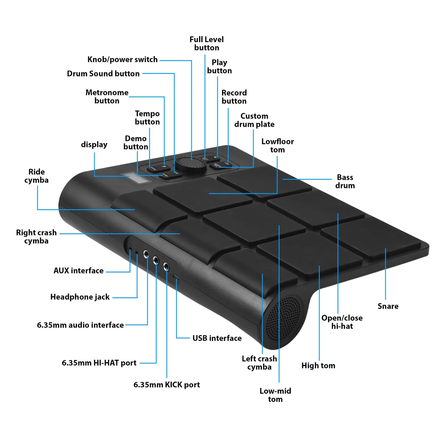 Portable Electronic Drum Set With 9 Colored Pads And Lights