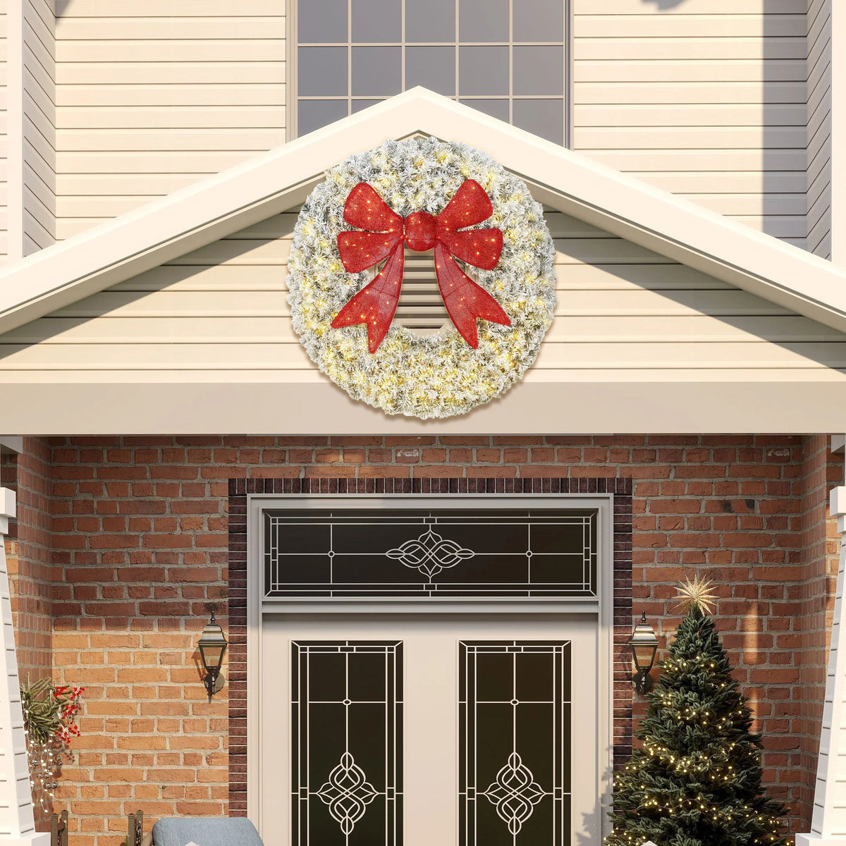 Artificial Christmas Wreath | 48 Inch Flocked | Pre Lit With Bow | Indoor Decor