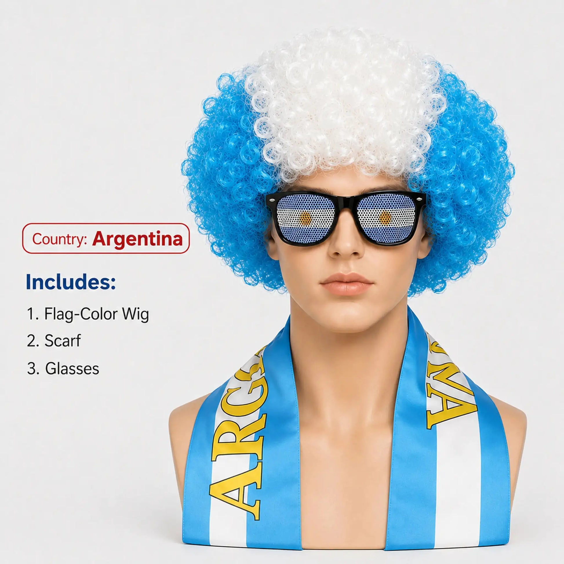 World Cup Flag Color Wig Glasses Set, Kinky Curly Wig Fan Hair Including Scarf Glasses Set European Cup National Team Dress - ToylandEU