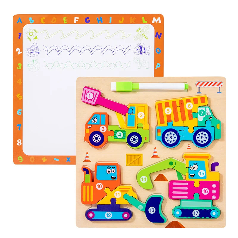 Montessori Wooden Puzzle | 3D Animal Vehicle Shapes | Drawing Board | Ages 3-6