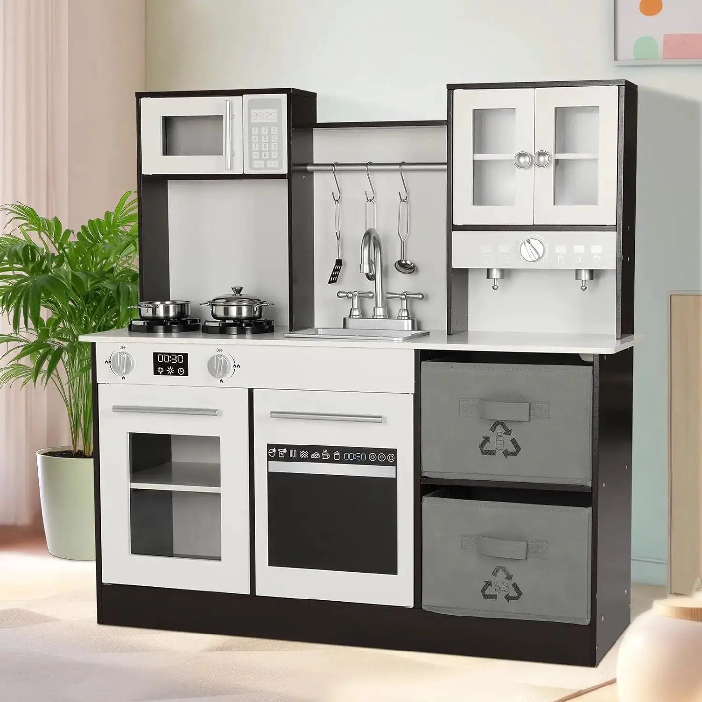 Kids Play Kitchen, Wooden Pretend Toy Kitchen, Toodler Cooking Playset, Stove w/Light & Sound, Sink, Microwave, 2 Fabric Boxs, D - ToylandEU