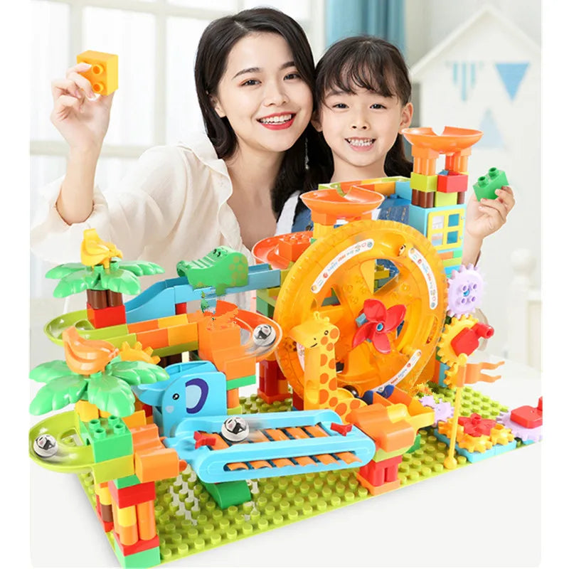 Electric Spiral Lift Marble Run Set with Roller Coaster and Ladder Piano