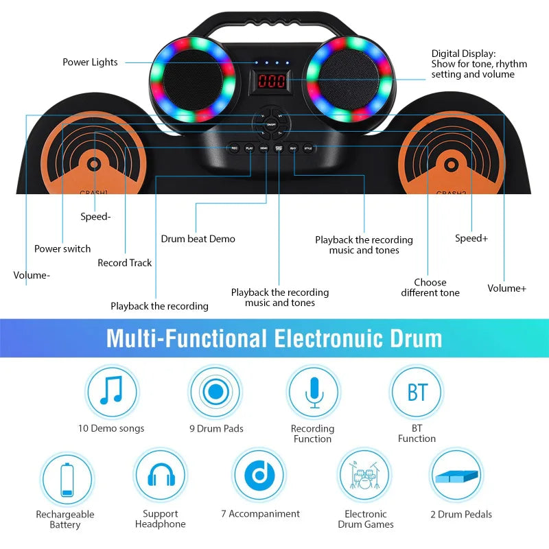 Portable Foldable 9 Pad Electronic Drum Set With Speaker