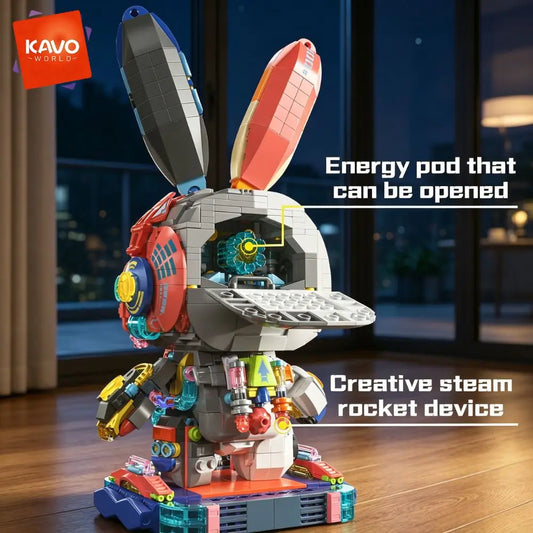 Robot Rabbit Building Blocks | 1377 Piece Led Light Up | Rotatable Base | Desk Decor