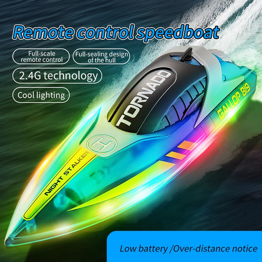 RC High-Speed RC Speedboat with LED Lights - Rechargeable, Waterproof Fun for Kids - 2-Hour Endurance Outdoor Toy