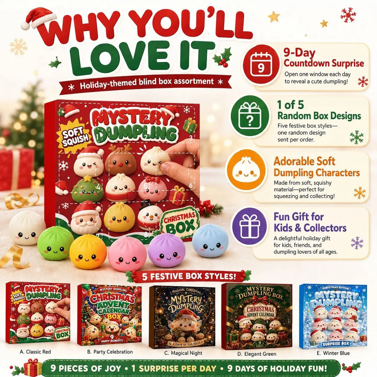 Advent Calendar | 9 Day Dumpling Fidget Squishies | Mystery Blind Box | Squeeze Sensory Holiday Gift