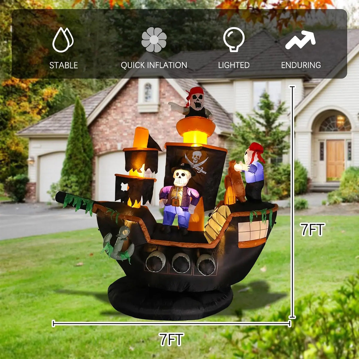 Halloween Inflatable Pirate Ship | 7 Ft High | Built In Led Lights | Yard Decor