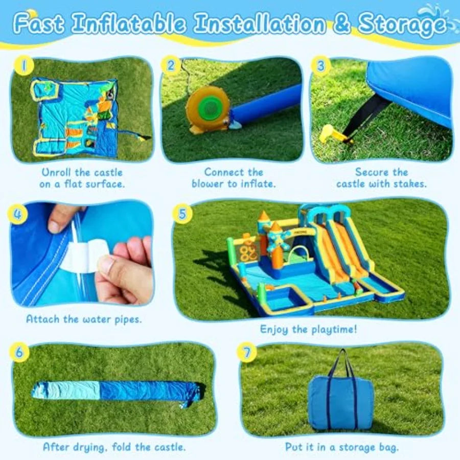 Inflatable Bounce House with Dual Water Slide 10-in-1 Backyard