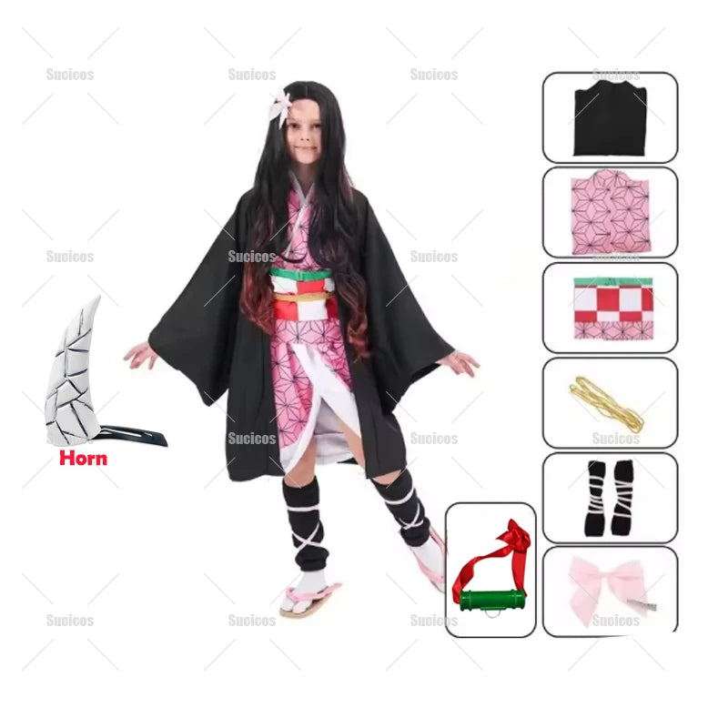 Nezuko Cosplay Props | Faux Leather Horns | Fang Teeth Set | Unisex Party Wear