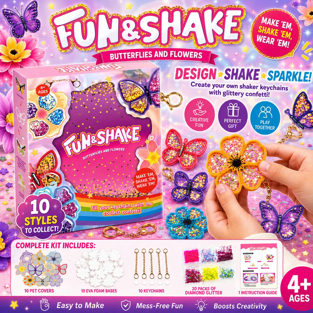 DIY Keychain Kit | Glitter Butterfly Shaker | Ages 3-12 | Gift Pack 4-8