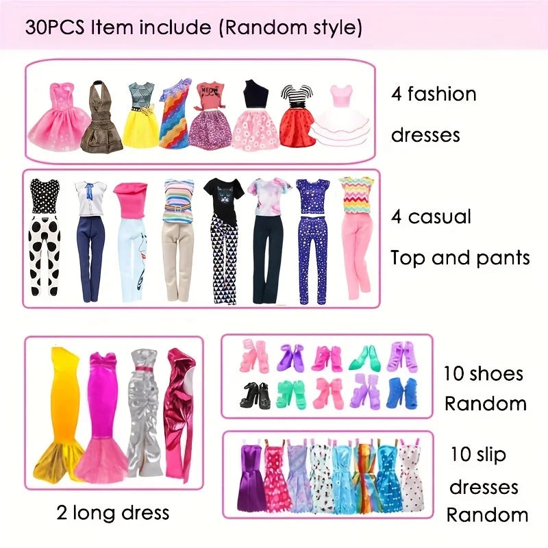 Complete 30cm Doll Clothes Set With Dresses, Tops, Shoes