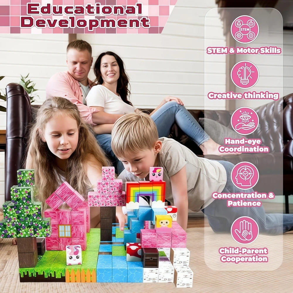 Magnetic Building Blocks | 100 Piece Set | Rainbow Forest | Pink Box
