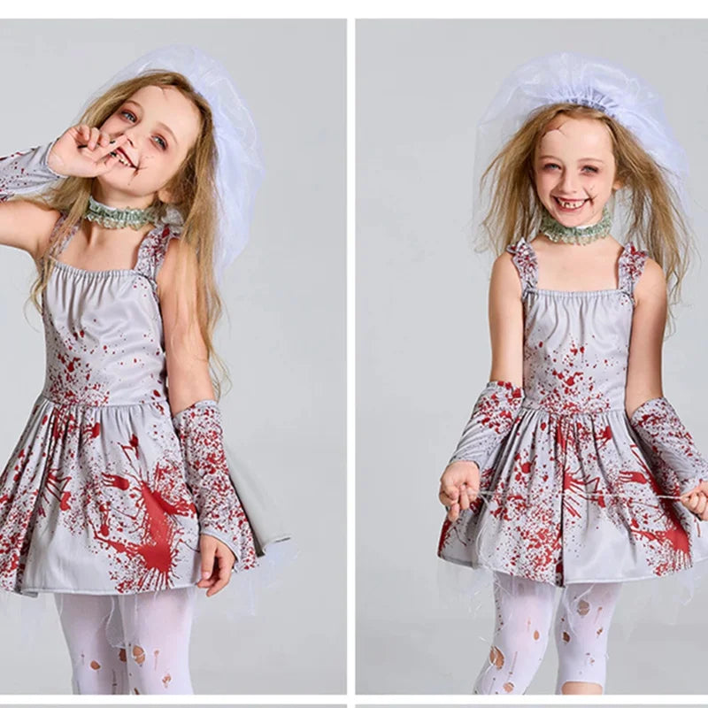 Chillingly Cute Kids Zombie Bride Costume for Halloween Fun