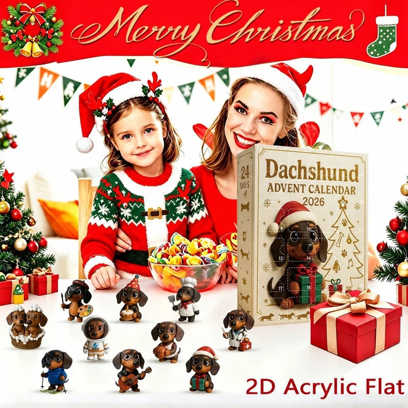 Advent Calendar | 2026 Dachshund Pendants | 24 Day 2D Acrylic Dog Ornaments | Xmas Tree Hanging Decor