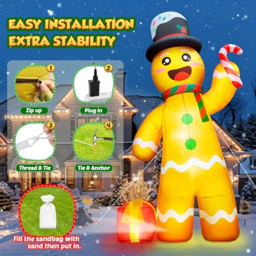 Inflatable Gingerbread Man | 12 Ft Stand | Led Illumination | Outdoor Yard