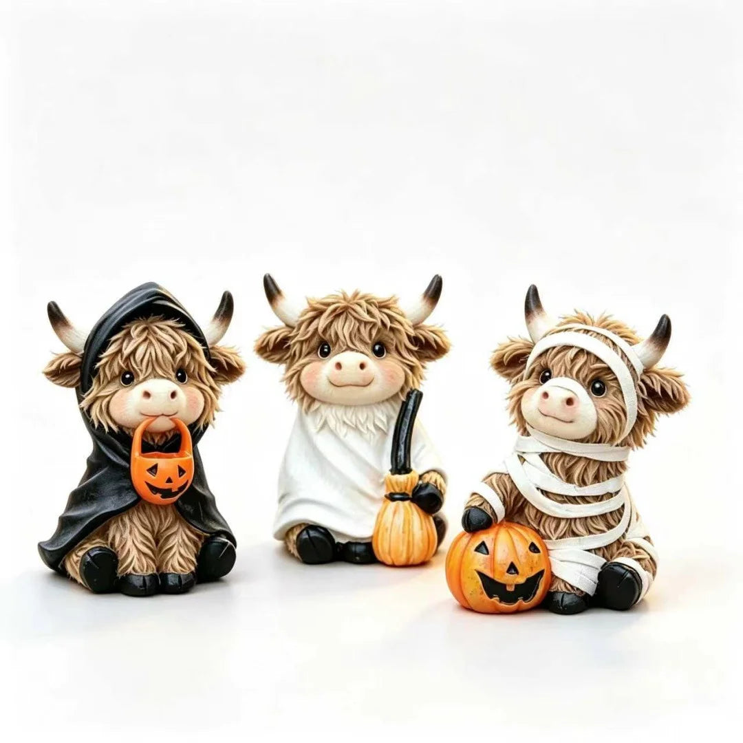 Halloween Highland Cow Statue | Solid Wood | Ghost Mummy Design | Shelf Decor