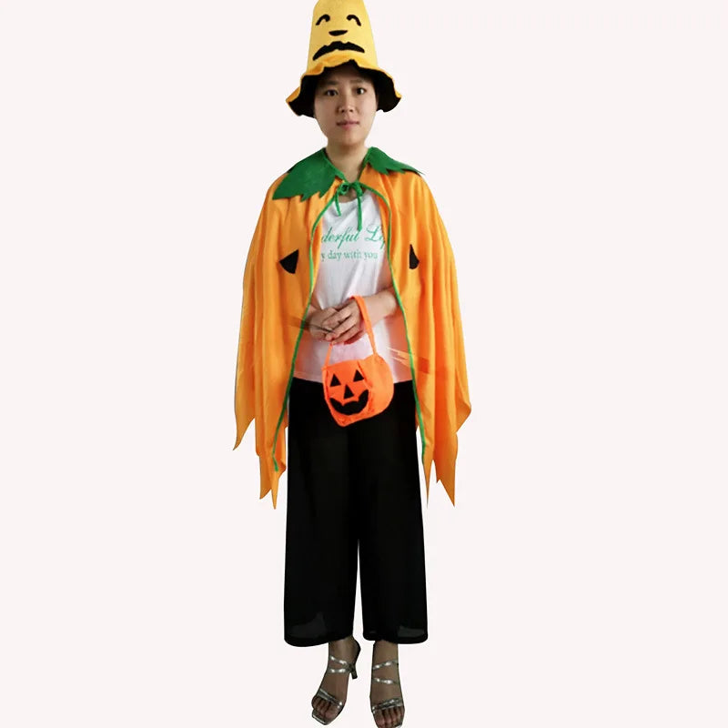 Festive Pumpkin Costume Set for Family Fun: Cloak, Hat & Treat Bag