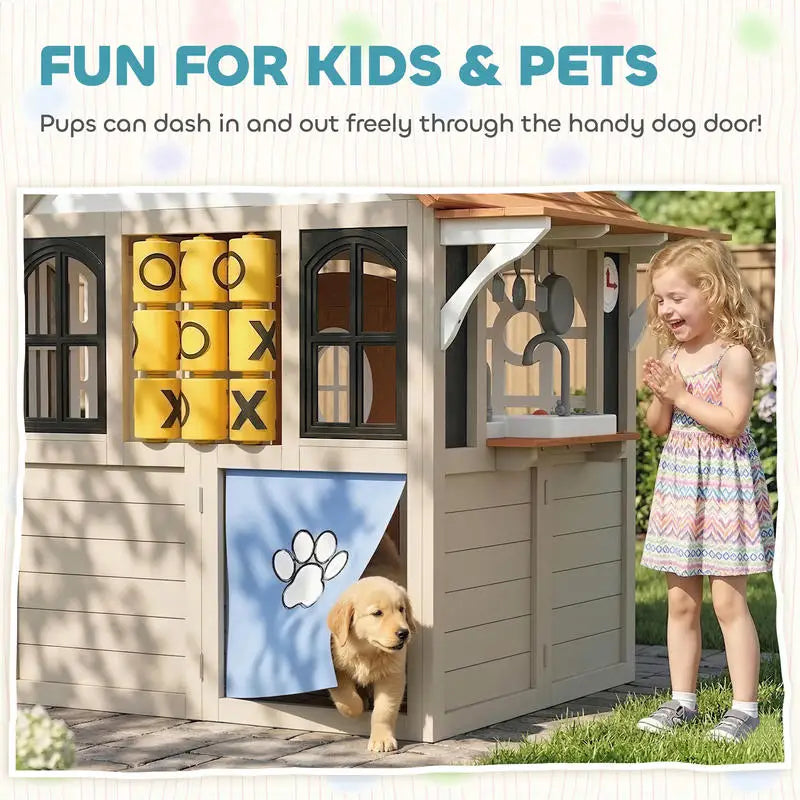 Wooden Outdoor Playhouse For Kids With Dog Door Kitchen