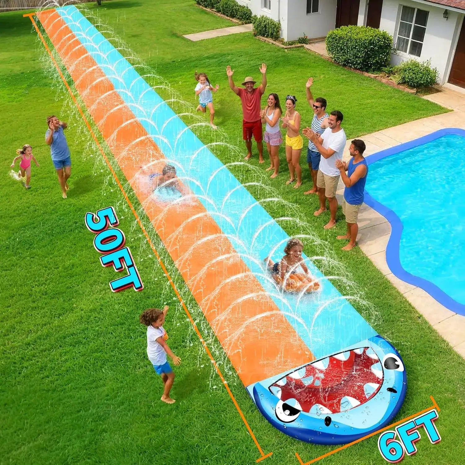 Extra Long Slip Lawn Water Slide for Adults, Giant Heavy Duty Outdoor Racing Toy with Sprinkler and Inflatable Bodyboards - ToylandEU
