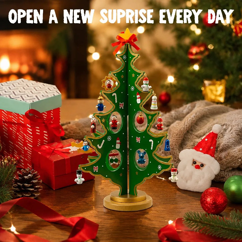 Advent Calendar | 24 Day Tabletop Wooden Christmas Tree | 28 Ornaments Snowman And Santa | Kids Party Favors Gift