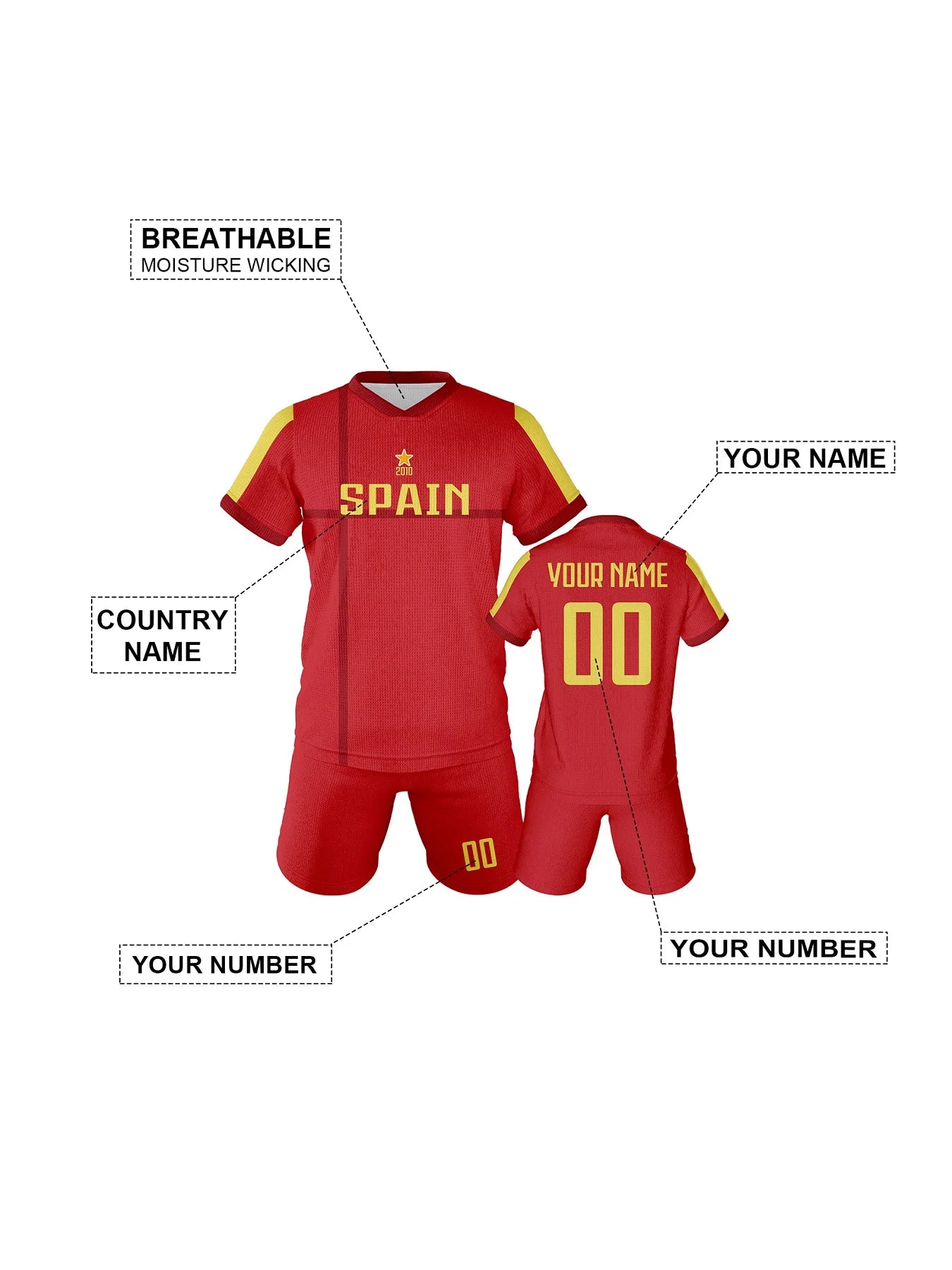 Personalized Spain Soccer Jersey Sets for Kids - Custom Football Kits with Name and Number for Boys & Girls