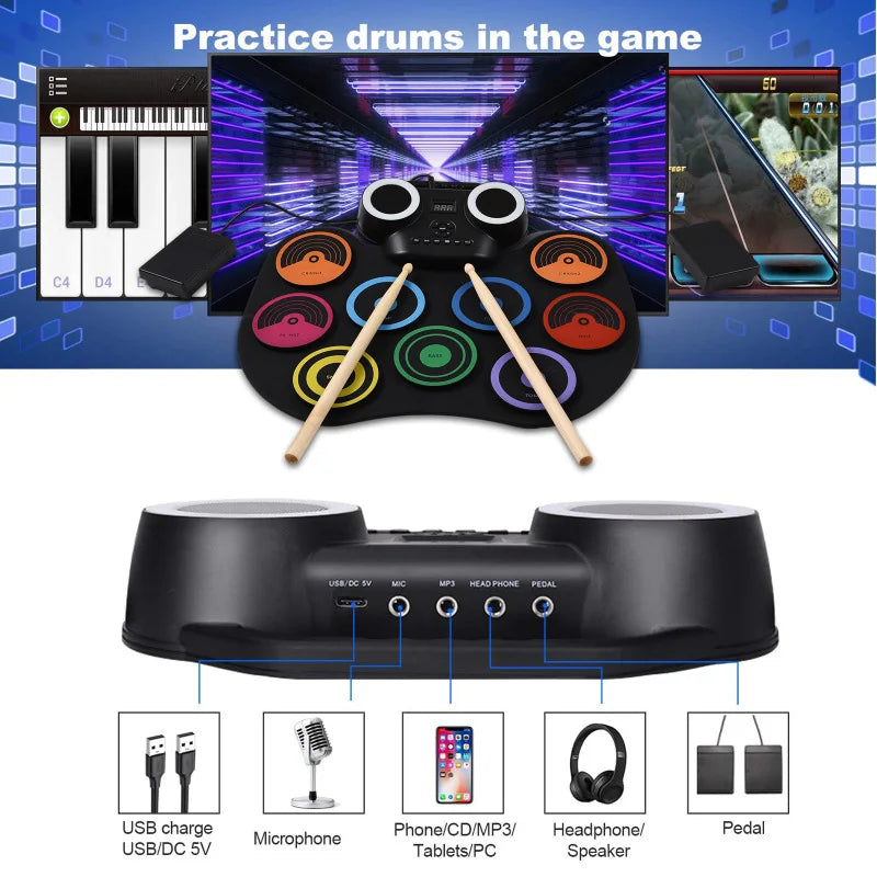 Portable Foldable 9 Pad Electronic Drum Set With Speaker