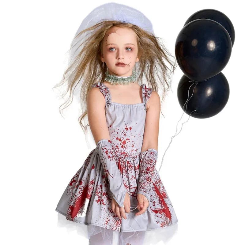 Chillingly Cute Kids Zombie Bride Costume for Halloween Fun