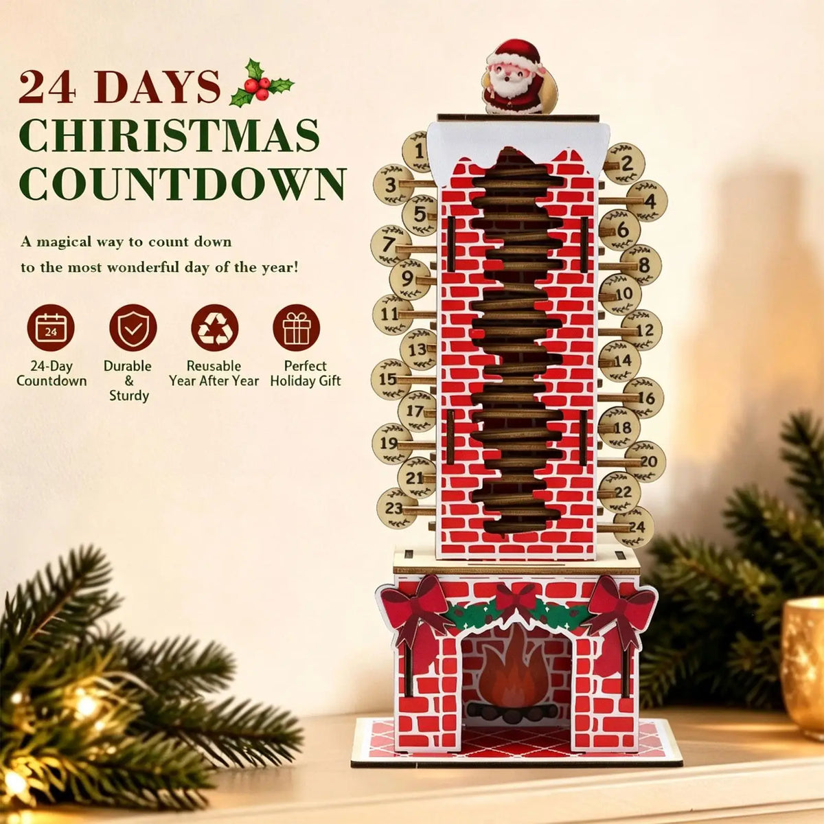 Advent Calendar | Wooden Santa Chimney | Moving Santa Daily Countdown | Reusable Christmas Decor