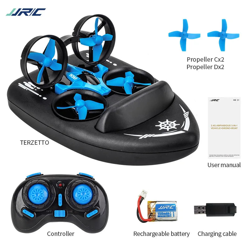 RC Versatile 3-in-1 Water-Land-Air RC Drone Boat - 2.4G Mini Quadcopter with Headless Mode & 360° Flip for Kids