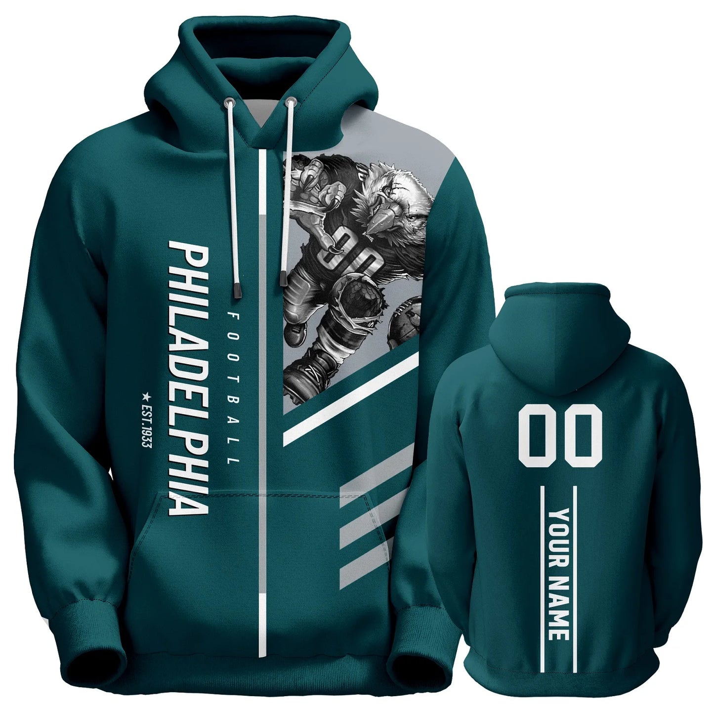 Personalized Philadelphia Football Hoodie for All Ages - 3D Printed City Mascot Sweatshirt with Custom Name & Number (S-5XL)