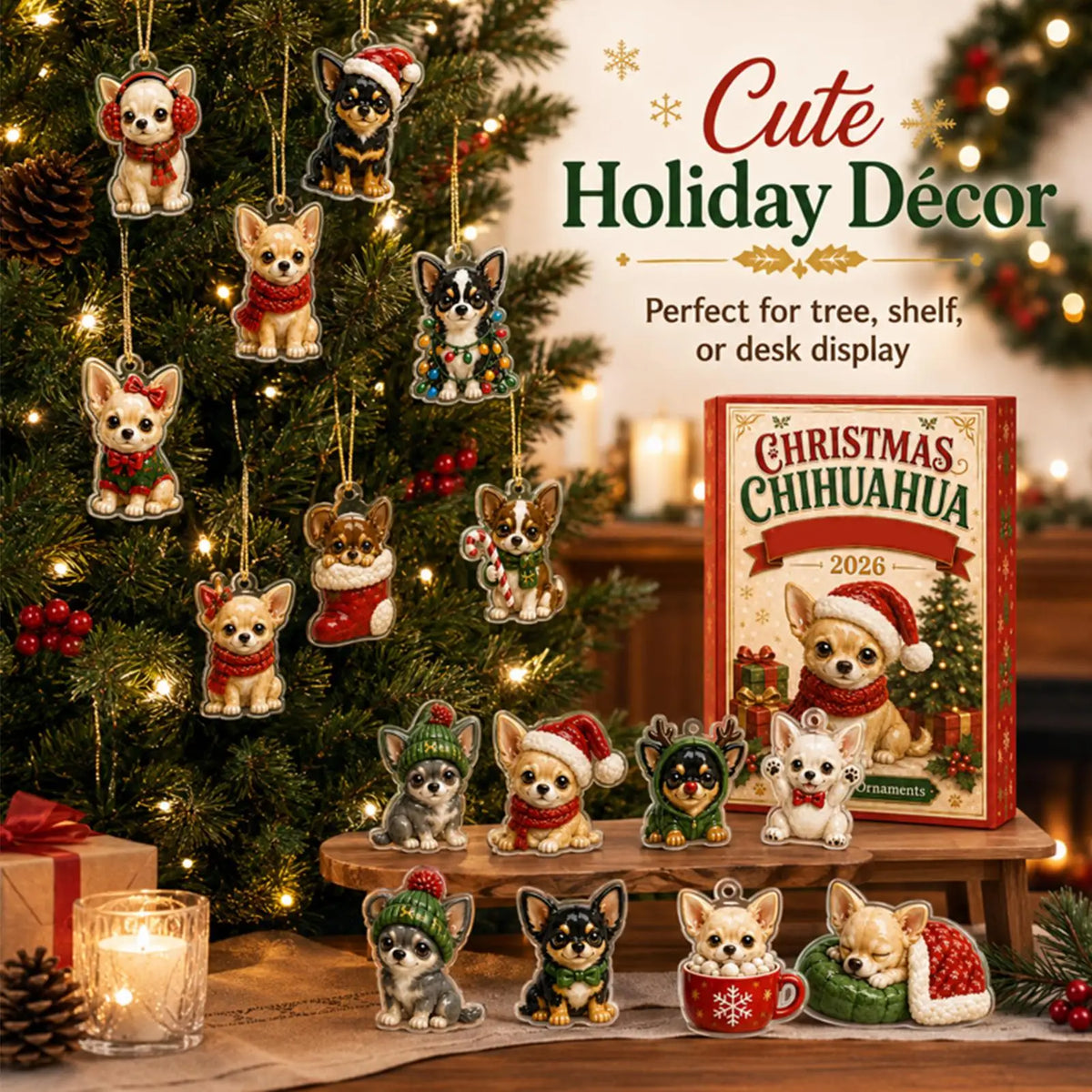Advent Calendar | 24 Day Chihuahua Pendants | 2D Flat Acrylic Ornaments | Gift For Dog Lovers