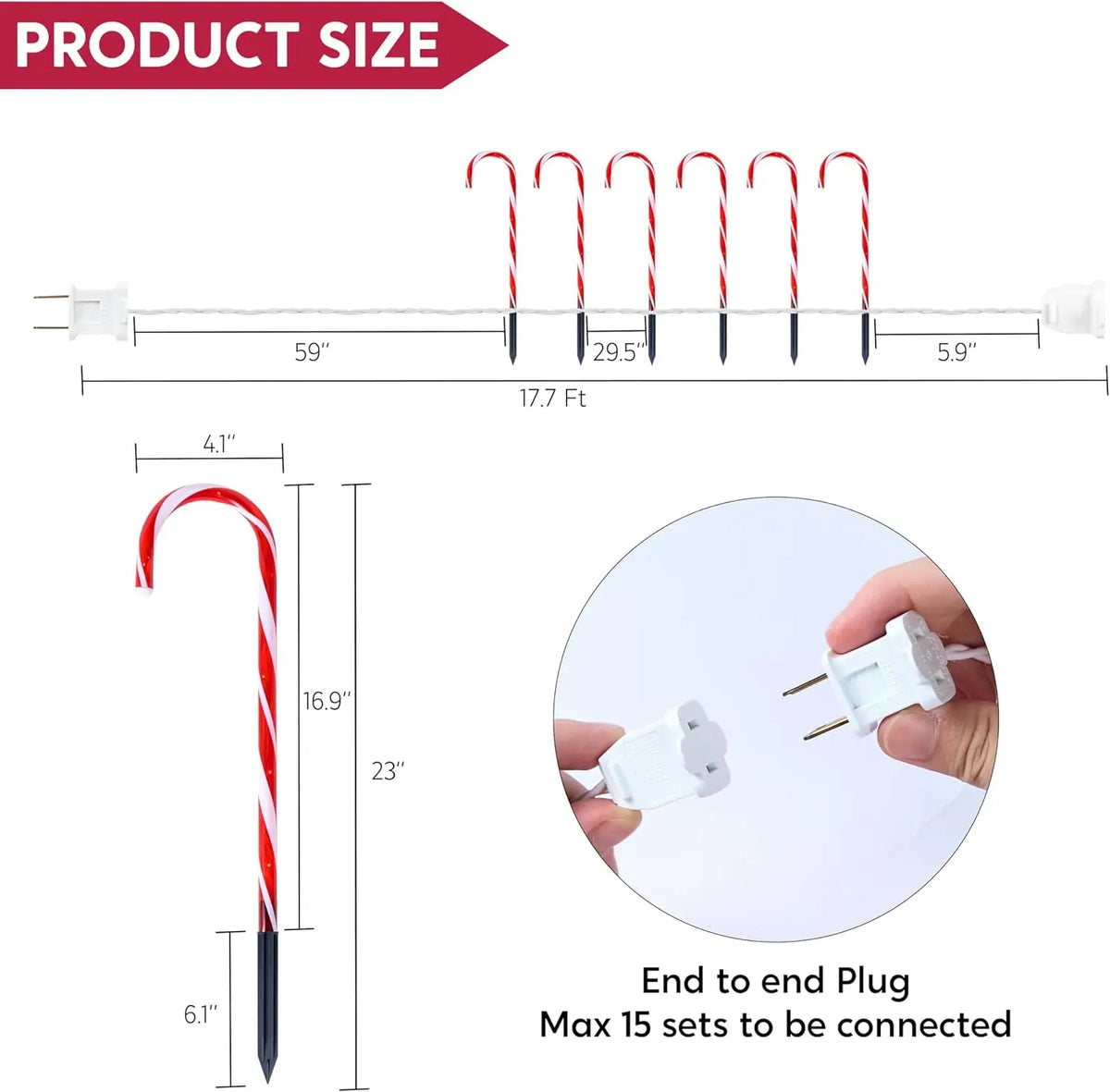Candy Cane Pathway Lights | 16 Inch Height | Warm White Glow | Set Of 12