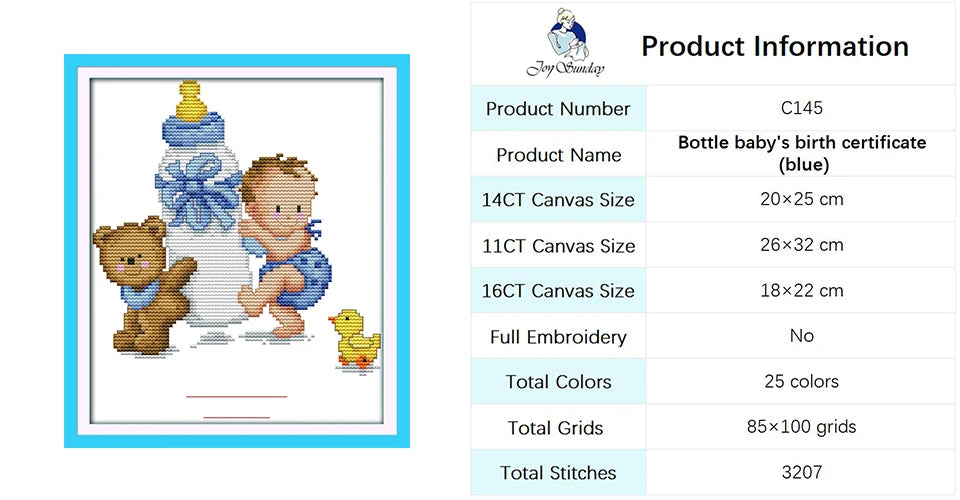 Baby Bottle Themed Cross Stitch Embroidery Kit - 14ct, 16ct, 11ct Printed Canvas Fabric for DIY Hand Sewing and Birth Certificates