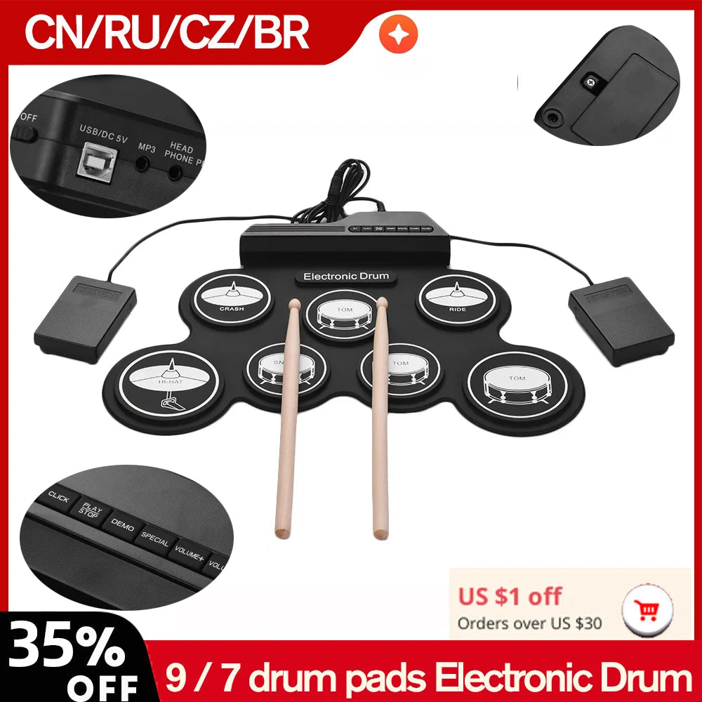 Compact Portable Digital Electronic Drum Set with USB Connectivity and Foldable Silicone Pads - ToylandEU