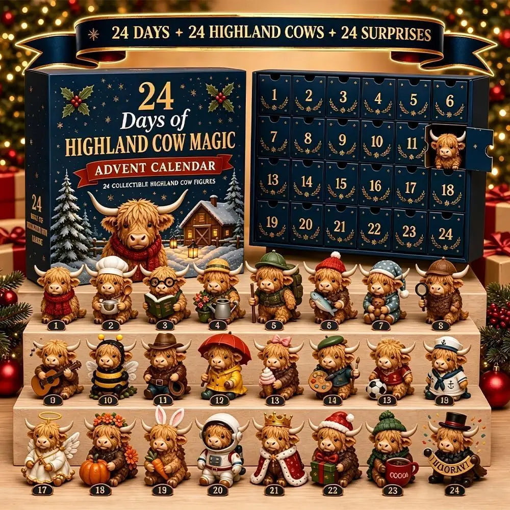 Advent Calendar | 24 Day Highland Cow Collectibles | Cloth Calendar With Figurines | Holiday Countdown Decor