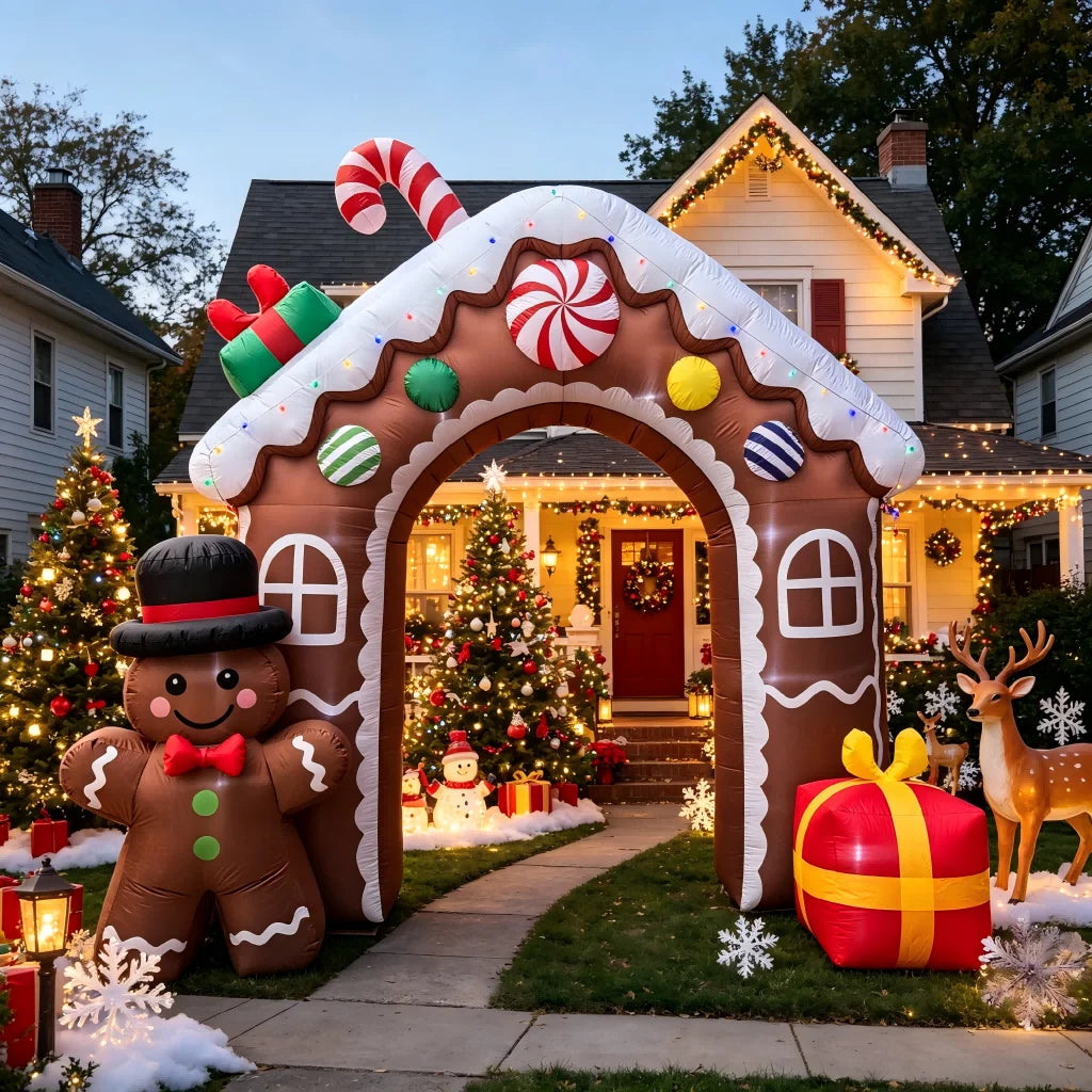 Inflatable Gingerbread Archway | 11 Ft | Built In Lights | Outdoor Yard