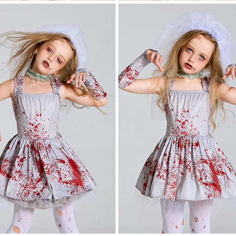 Chillingly Cute Kids Zombie Bride Costume for Halloween Fun