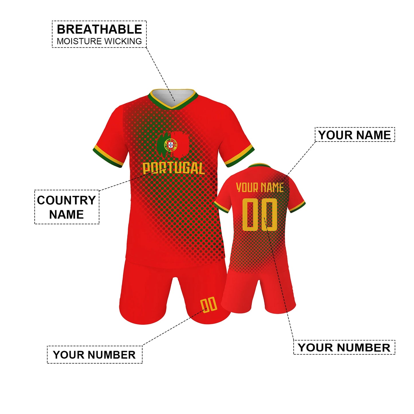 Personalized Portugal Kids Soccer Jersey and Shorts Set - Custom Name and Number Football Uniform for Boys and Girls