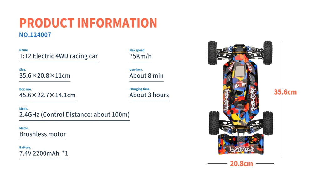 RC 124007 & 124019 High-Speed 1:12 Electric 4WD RC Racing Cars - 75KM/H & 55KM/H Drift Crawler with 3000mAh Battery