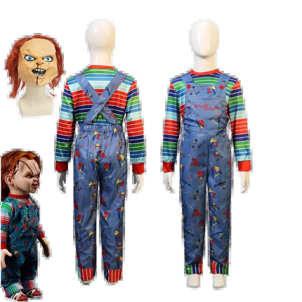 Chucky Kids Horror Cosplay Costume with Funny Striped Pants and Ghost Doll Mask for Halloween