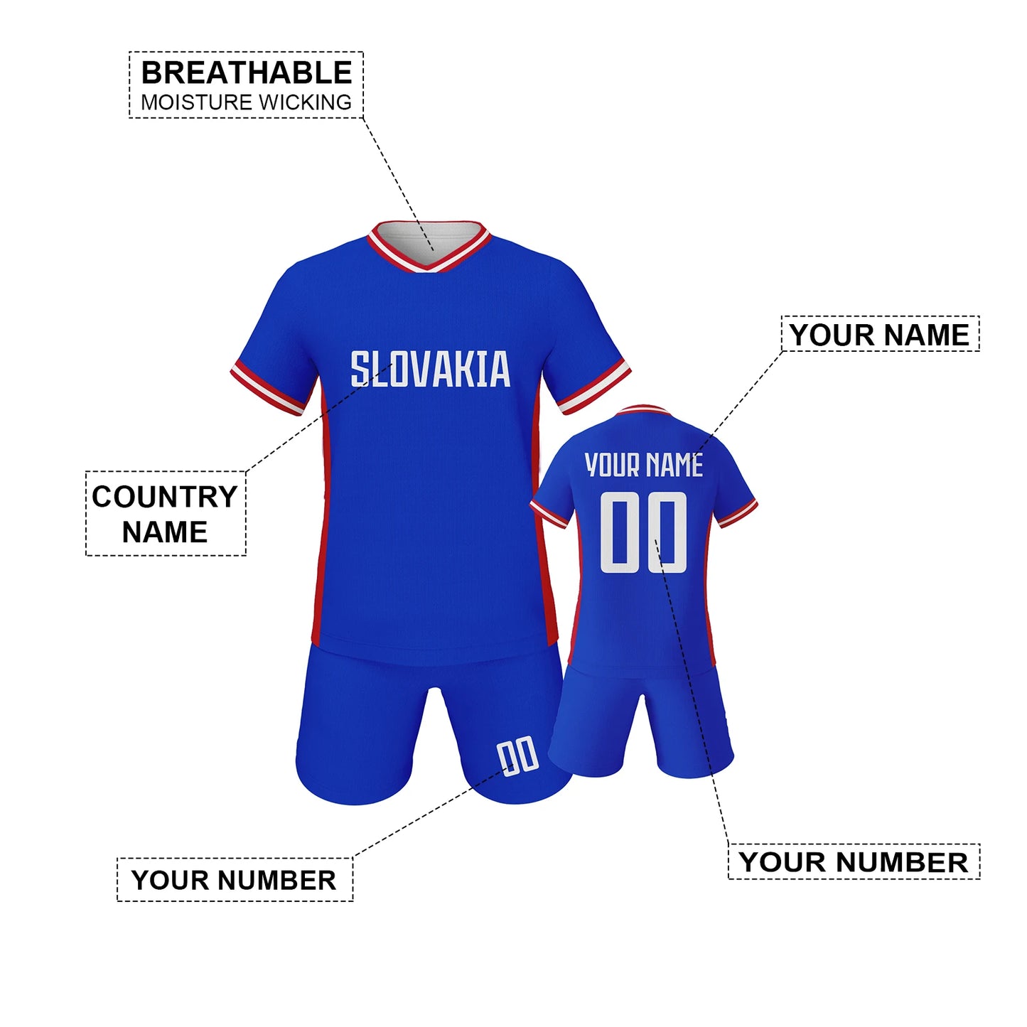 Personalized Slovakia Kids Soccer Jersey - Custom Name & Number Breathable Youth Training Kit