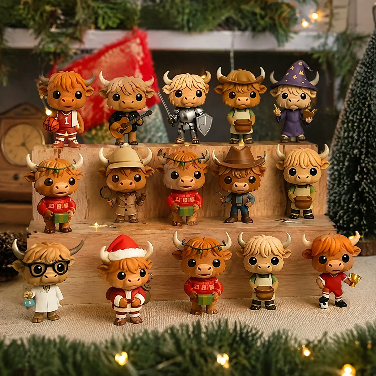 Advent Calendar | 2026 Highland Cow Figures | 24 Piece 3D PVC Display | Mantel And Shelf Decor