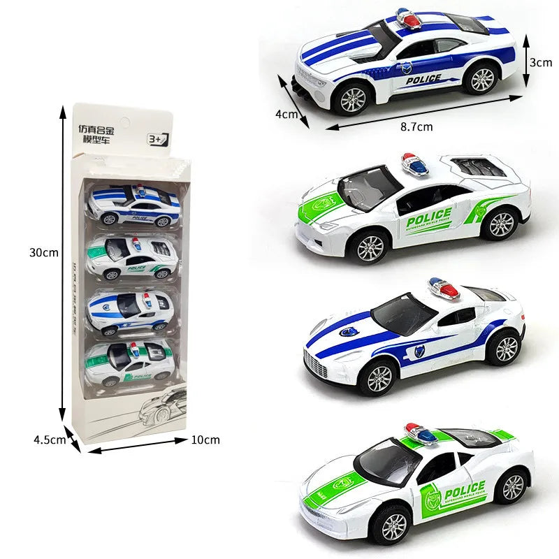 Set of 4 Toddler Car Toys with Various Police, School Bus, and Taxi Styles Made of Durable Alloy - ToylandEU