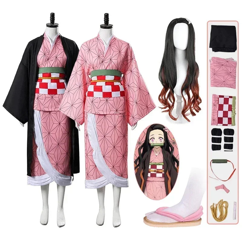 Nezuko Cosplay Costume | Kimono Haori Set | Includes Wig And Clogs | Adult Fit