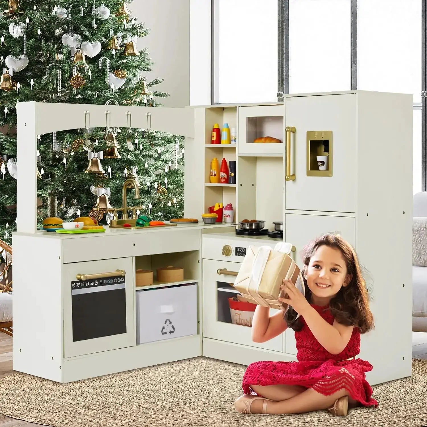 Corner Play Kitchen for Kids, Wooden Pretend Toy Kitchen, Large Toodler Cooking Playset w/Refrigerator, Stove w/Light & Sound, D - ToylandEU