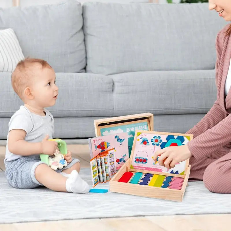 Magnetic Wooden Tangram Puzzle Blocks - Fun Montessori Learning Set