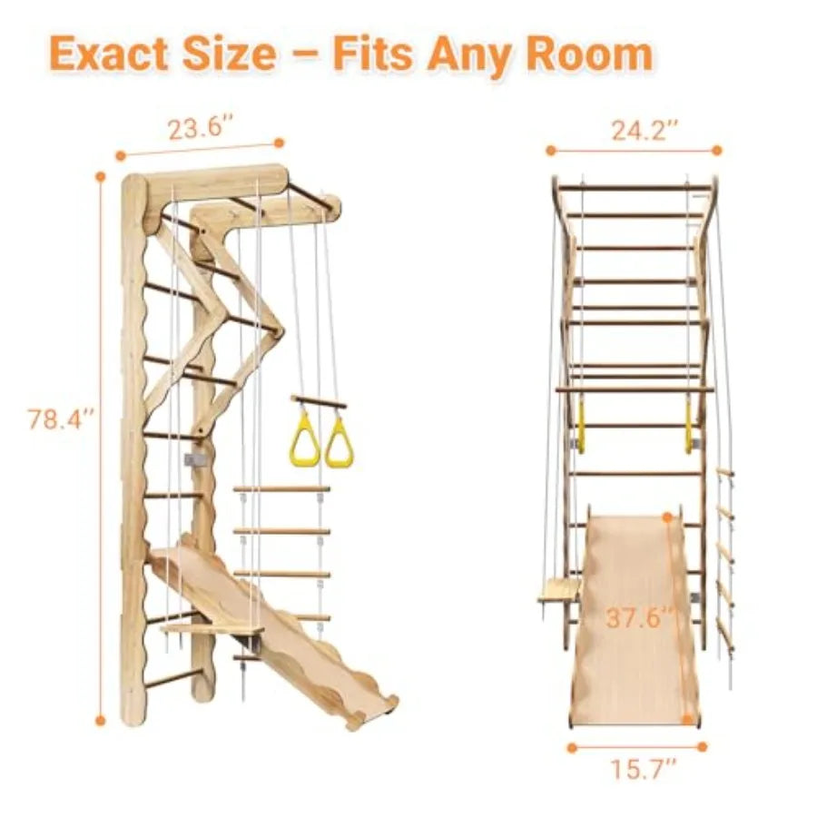 Wooden Indoor Jungle Gym With Wall Mounted Swedish Ladder